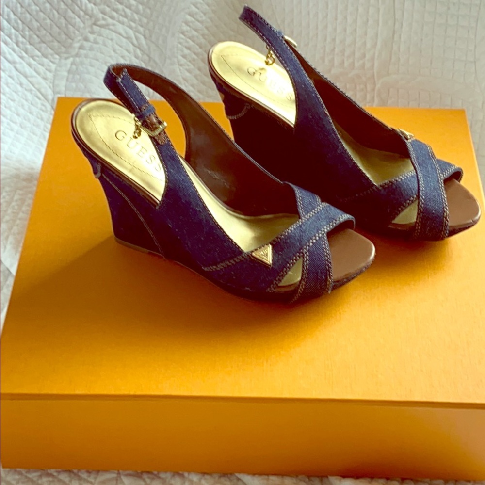 Darling wedge peep toe denim Guess sling backs